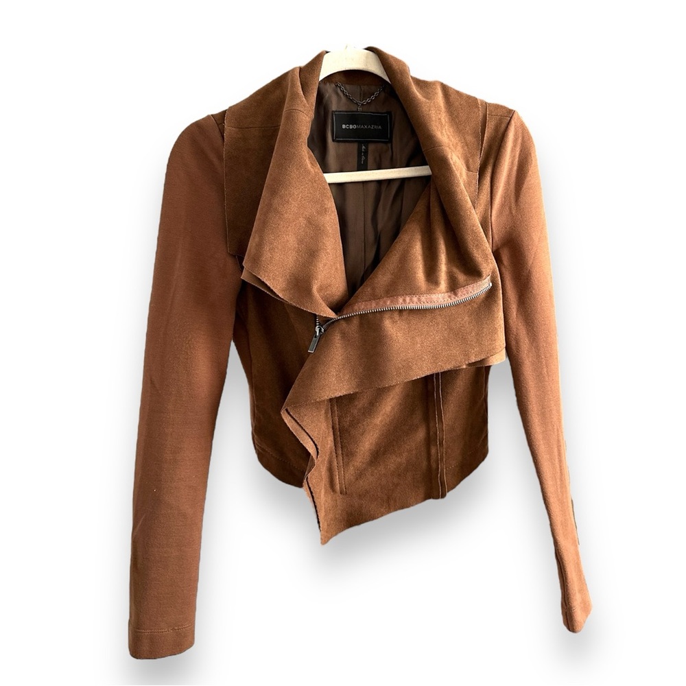 BCBG MAXAZRIA Ana Faux Suede Zip Assymmetrical Jacket Toffee Brown size XS